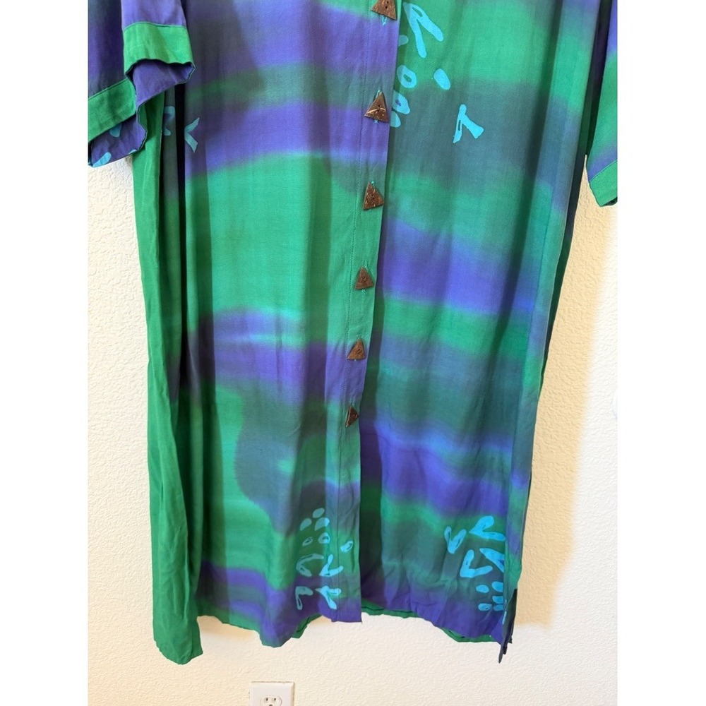 Resort Wear Womensโ Tie Dye Shirt Dress Green Purple Rayon One Size Boho Midi - Picture 6 of 16